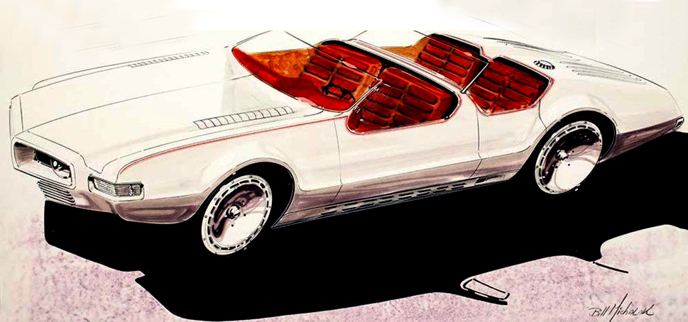 Oldsmobile dual cowl convertible render, 1968, by Bob Michalak.